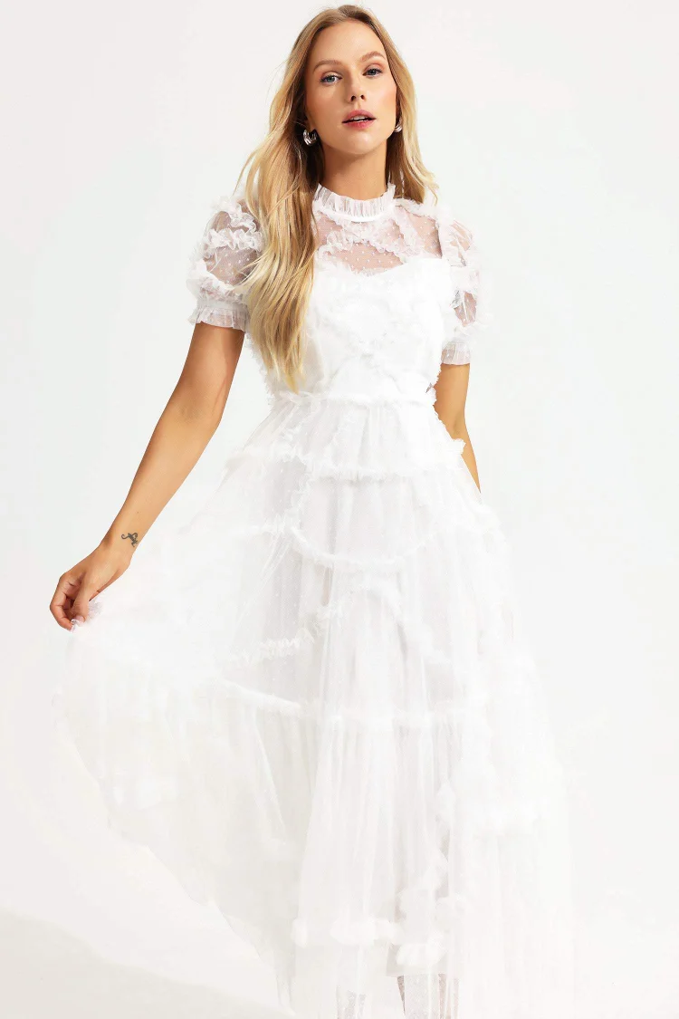 Round Collar Short Sleeve Mesh Ruffle Hem Midi Dress