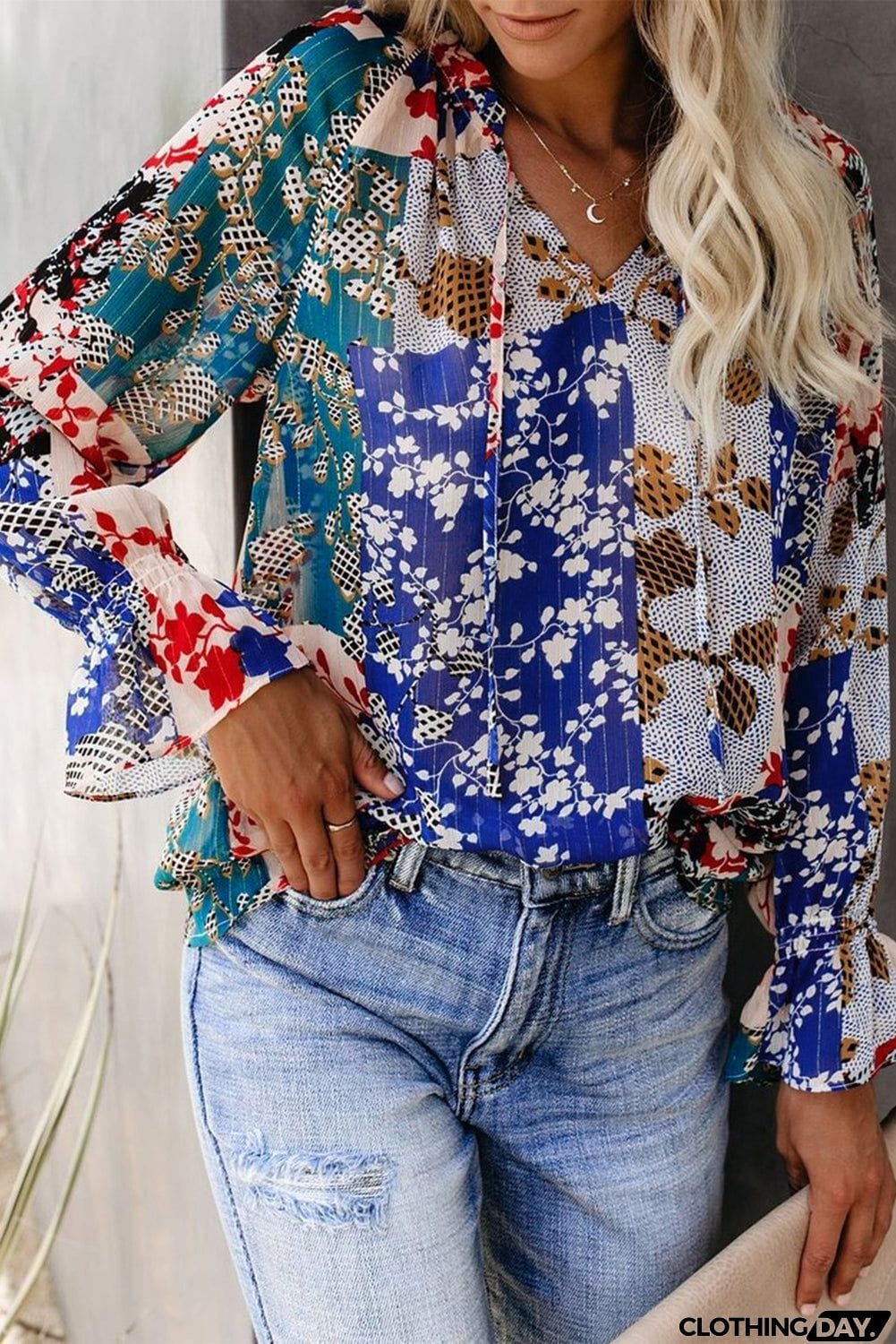 Multicolor Split Neck Printed Blouse
