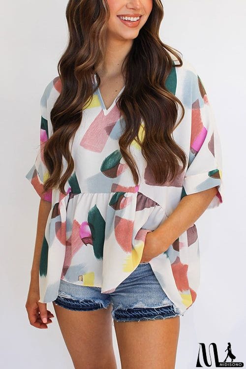 MidiSono - Print Cuffed Sleeves Peplum Blouse