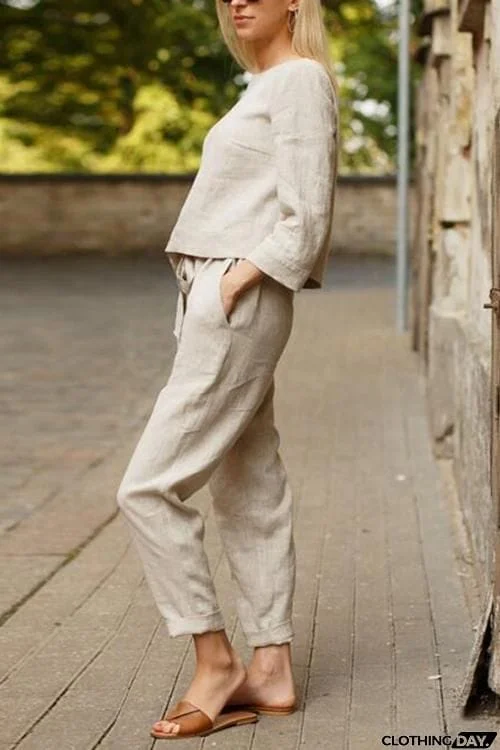 Linen O Neck Long Sleeve Pants Set