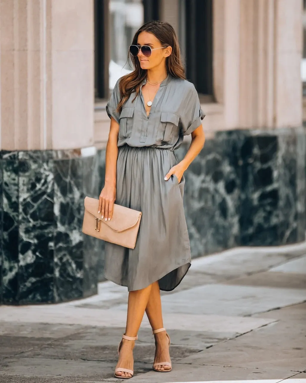 Simple Solid Color Women Dresses Elegant Office Shirt Dress Short Sleeve Casual Dresses Vestidos 2020 Summer Elastic Waist Dress