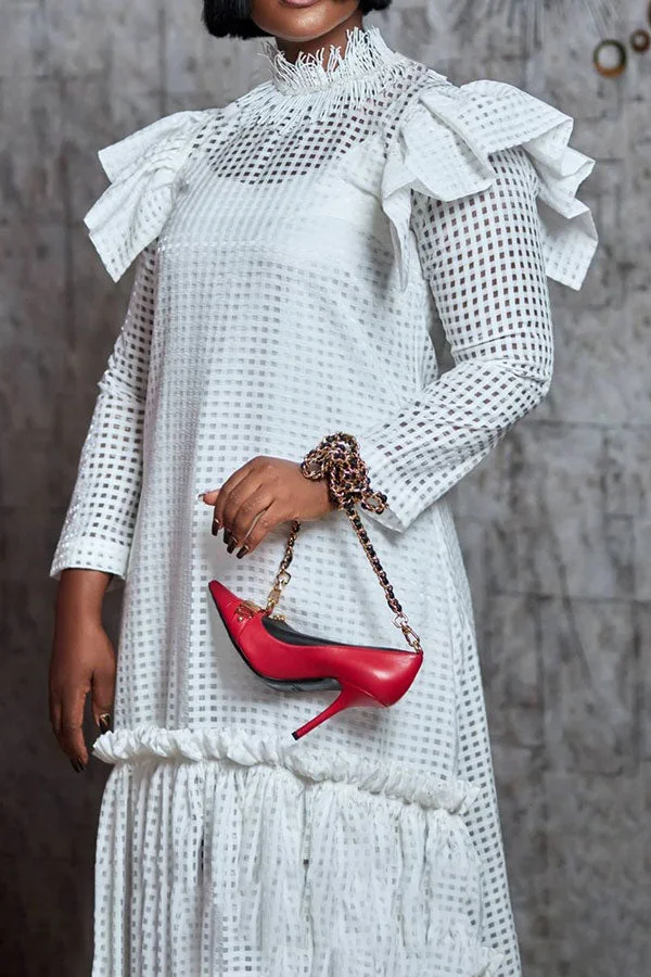 Solid Color Hollow-Out Modern Ruffle Patchwork Midi Dress