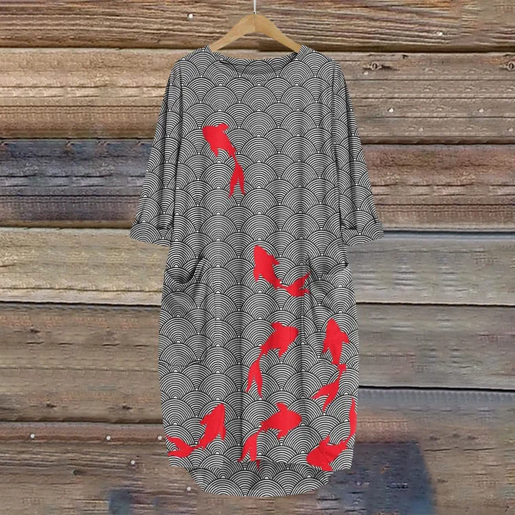 Women's Japanese Goldfish Art Print Crew Neck Casual Dress