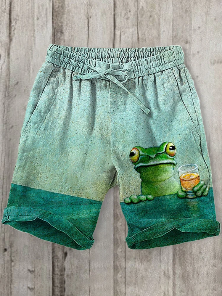 Comstylish Men's Frog Art Print Linen Blend Shorts