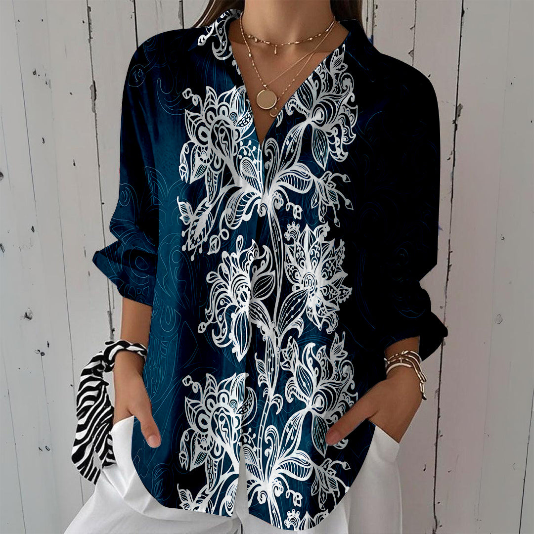 Women Long Sleeve V-neck Graphic Floral Printed Top