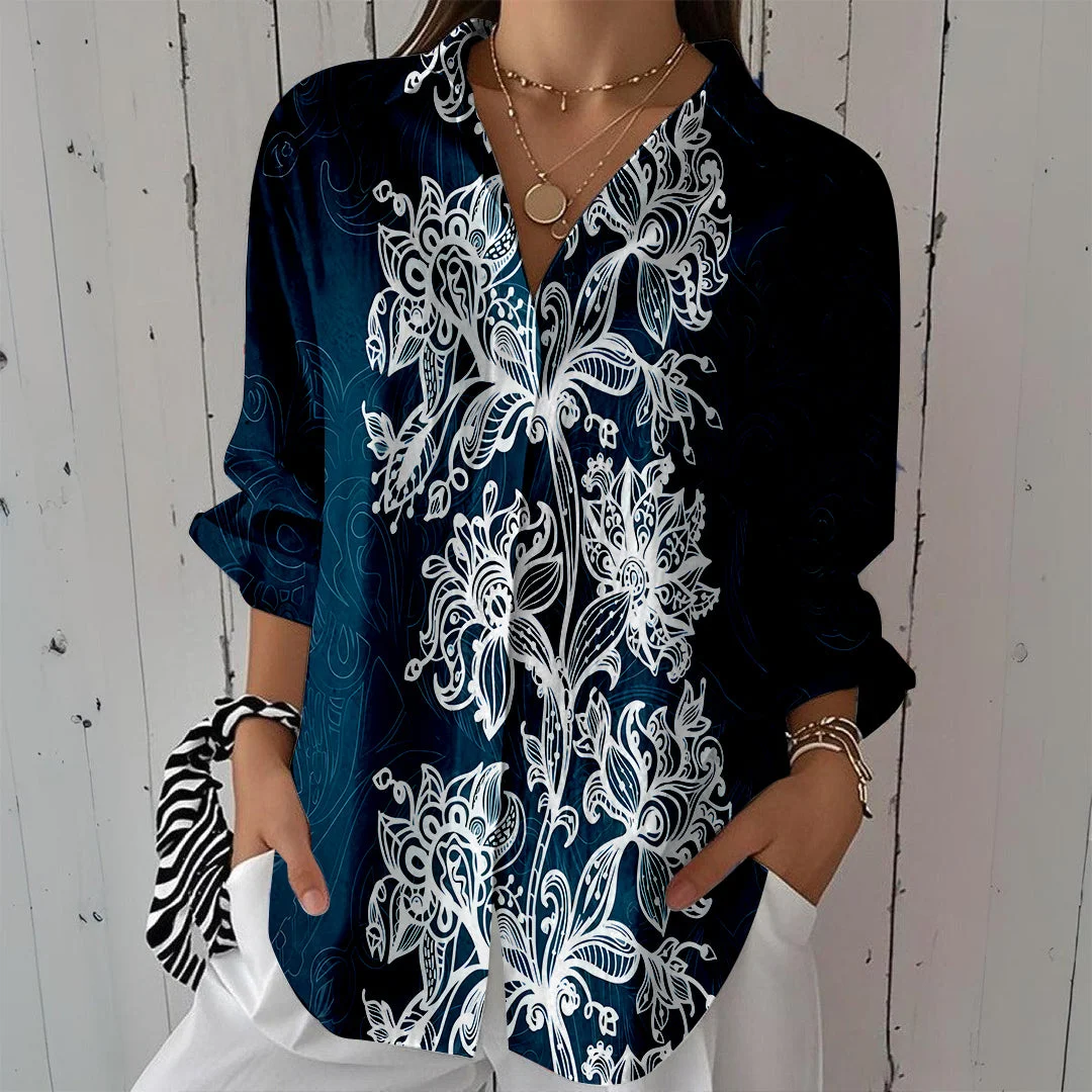 Style & Comfort for Mature Women Women Floral, Retro, Dark Green, White DZCL0509 3/4 Sleeve Shirt Collar Printed Button Tops