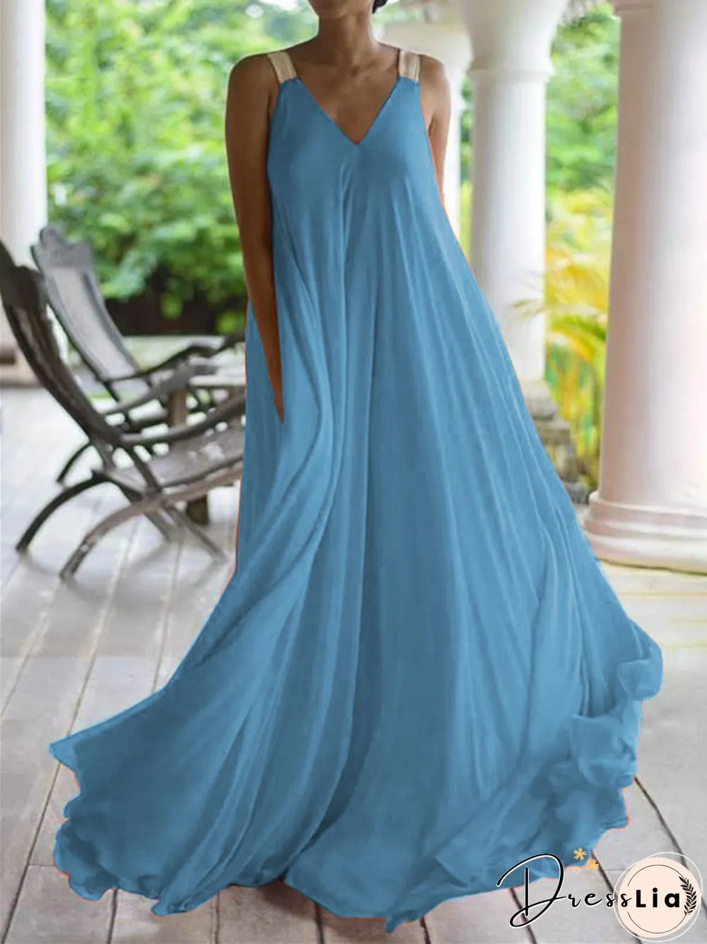 Bohemian Long Solid Color V-neck Large Size Halter Dress