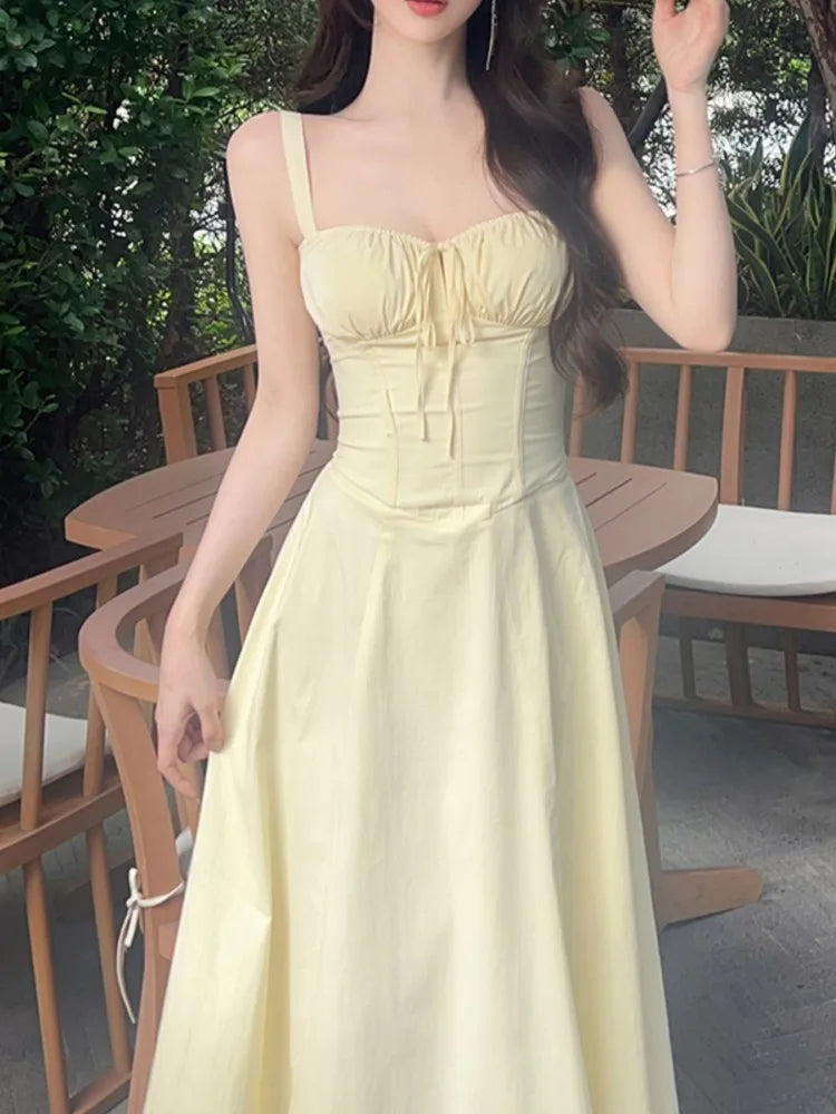 Llyge New Summer Midi Dress Women Spaghetti Strap Lace Up High Split French Vintage Bodycon Princess Dresses A-line Vestidos Mujer llyge
