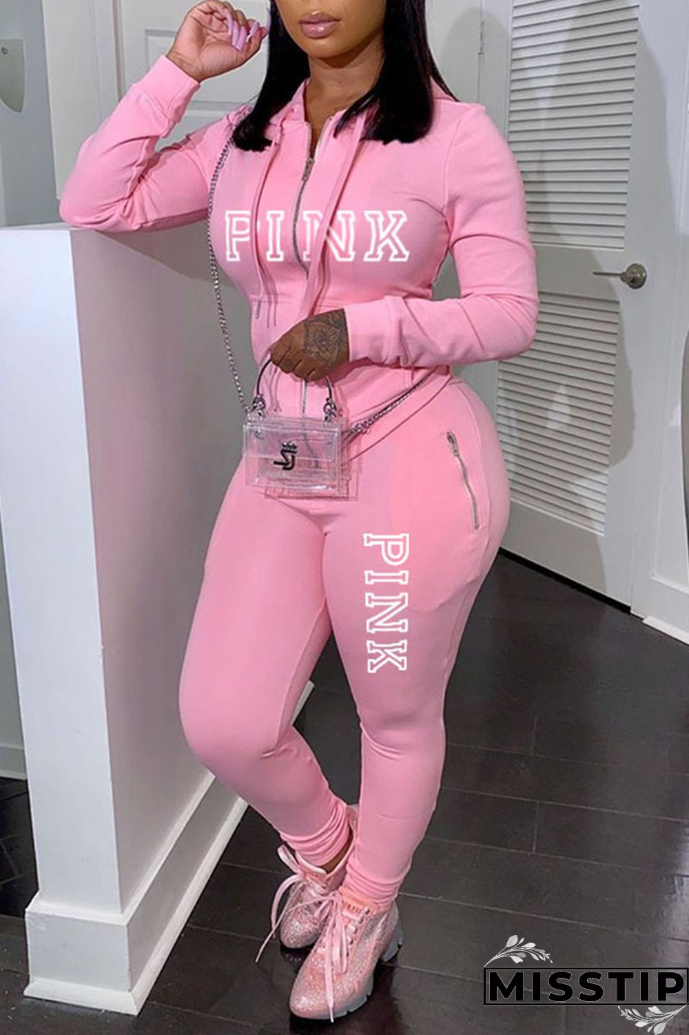 Pink Casual Sportswear Print Patchwork Hooded Collar Plus Size Two Pieces