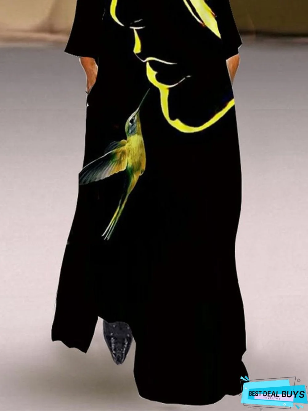 Shift V Neck Long Sleeve Graphic Dress Black Dresses