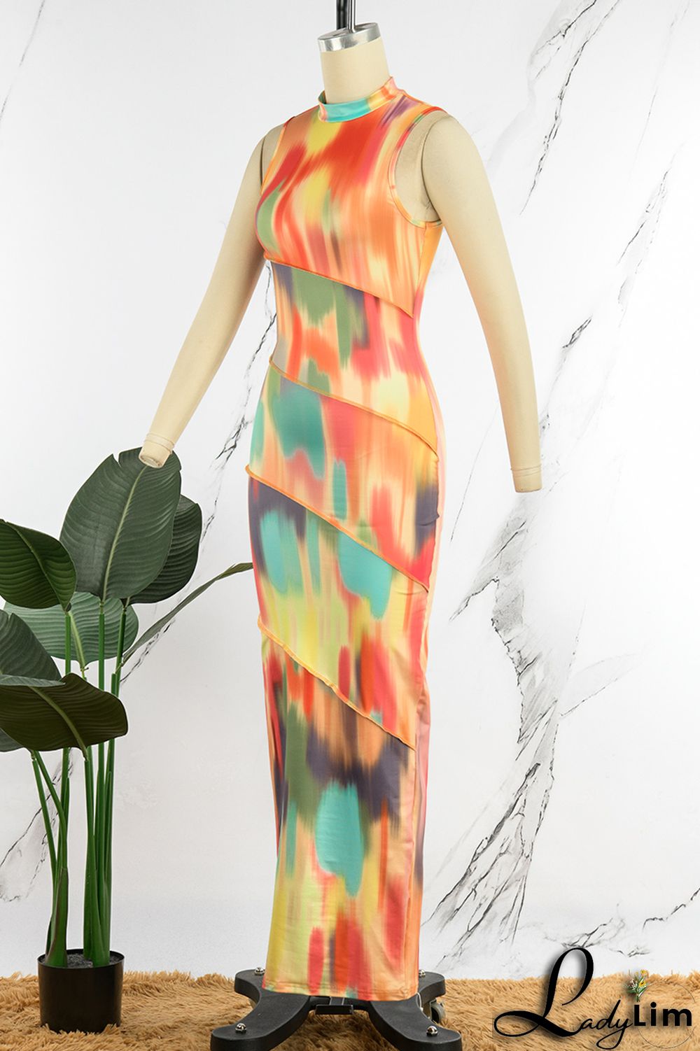 Colour Sexy Print Patchwork O Neck One Step Skirt Dresses