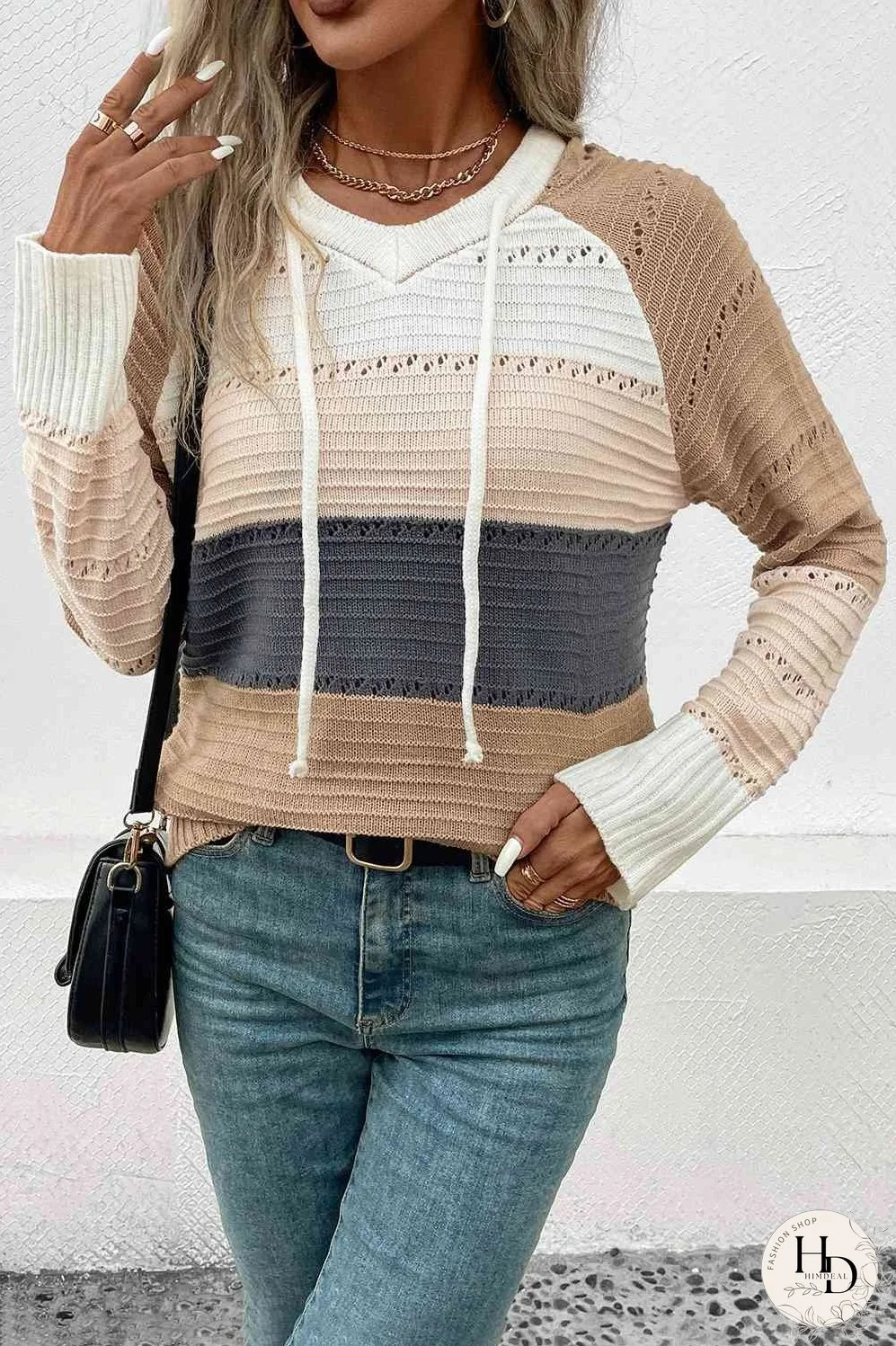 Color Block Drawstring Hooded Sweater