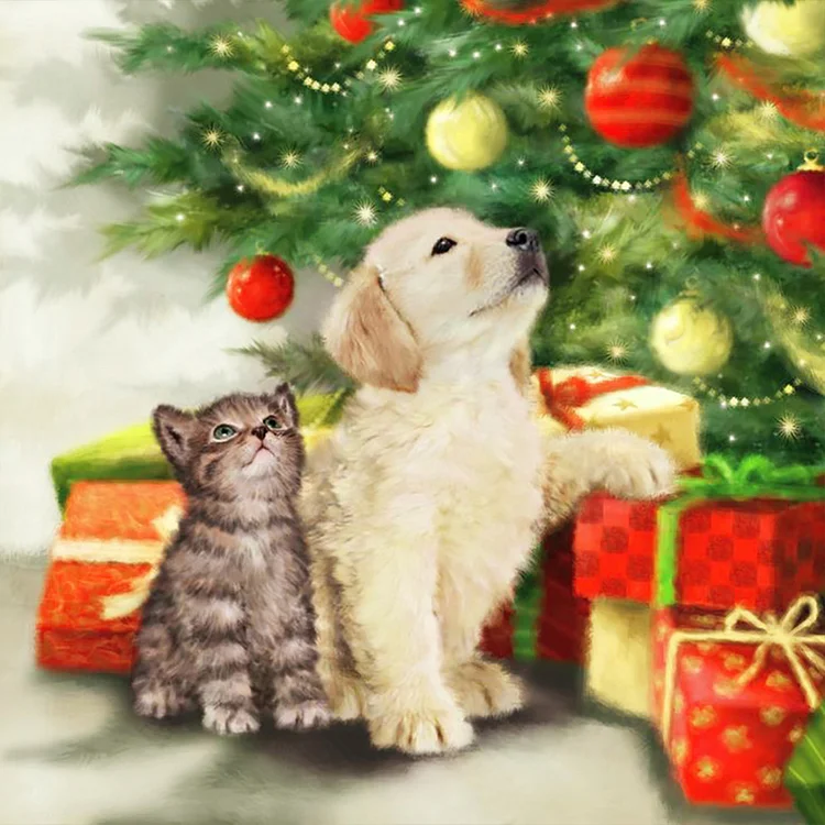 Christmas Cats And Dogs 40*40CM (Canvas) Full Round Drill Diamond Painting gbfke