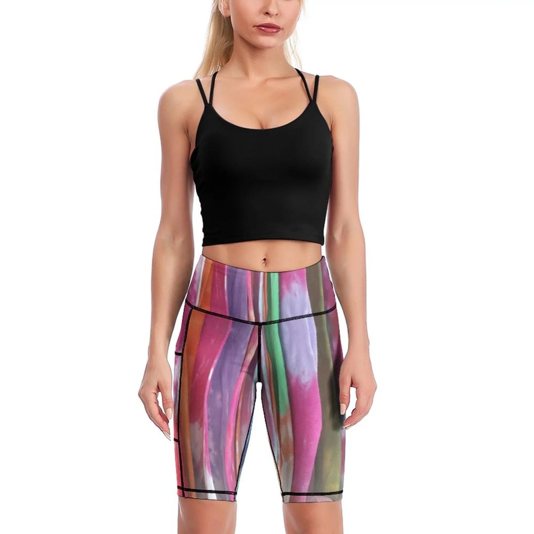 Colorful Striped Tie-dye Pattern Knee-Length Yoga Shorts Women High Waisted Tummy Control Workout Running Biker Shorts