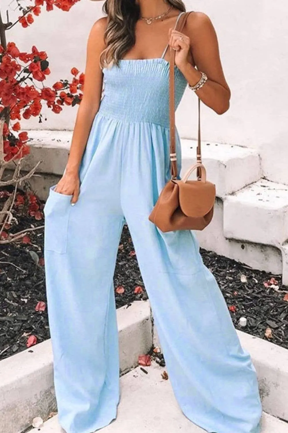 Smocked Spaghetti Strap Wide Leg Jumpsuit - Pocketed