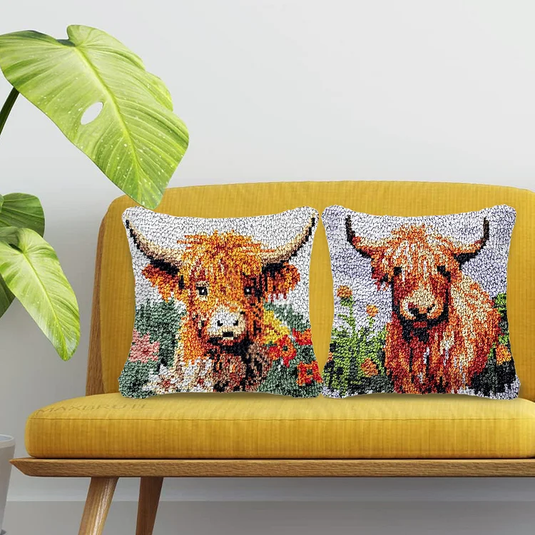 Animal Scottish Highland Cow Latch Hook Pillow Kit for Adults DIY Throw  Pillow Cover with Printed Canvas Crochet Yarn Needle Craft Easy Handmade