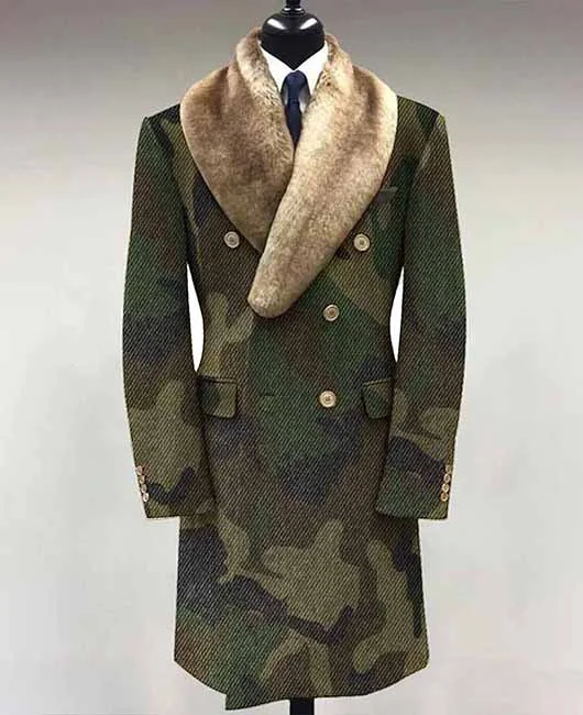 Fashion Camouflage Pattern Fuzzy Collar Double Breasted Pocket Overcoat 