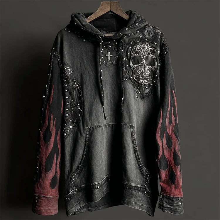 Men's Skull & Cross Flame Rock Studded Washed Hoodie