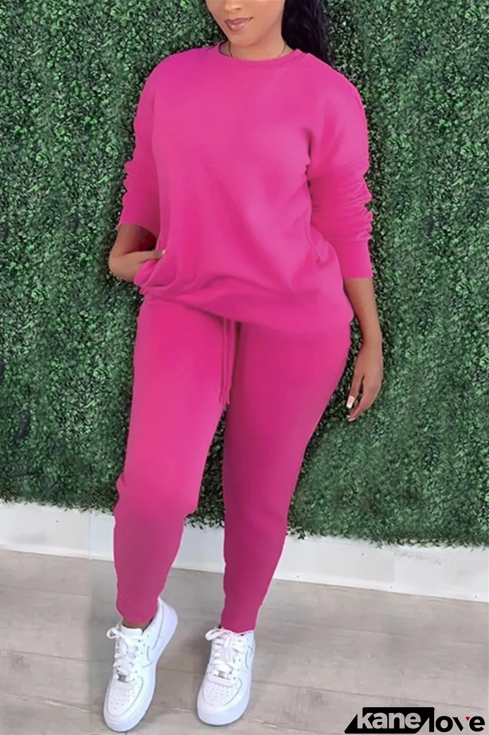 rose red Fashion Casual Solid Basic O Neck Long Sleeve Two Pieces