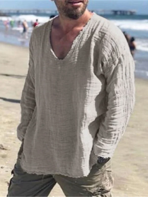 Men's Plain Linen Frayed Trim Ripped Pleated V Neck Retro Long Sleeve T-Shirt