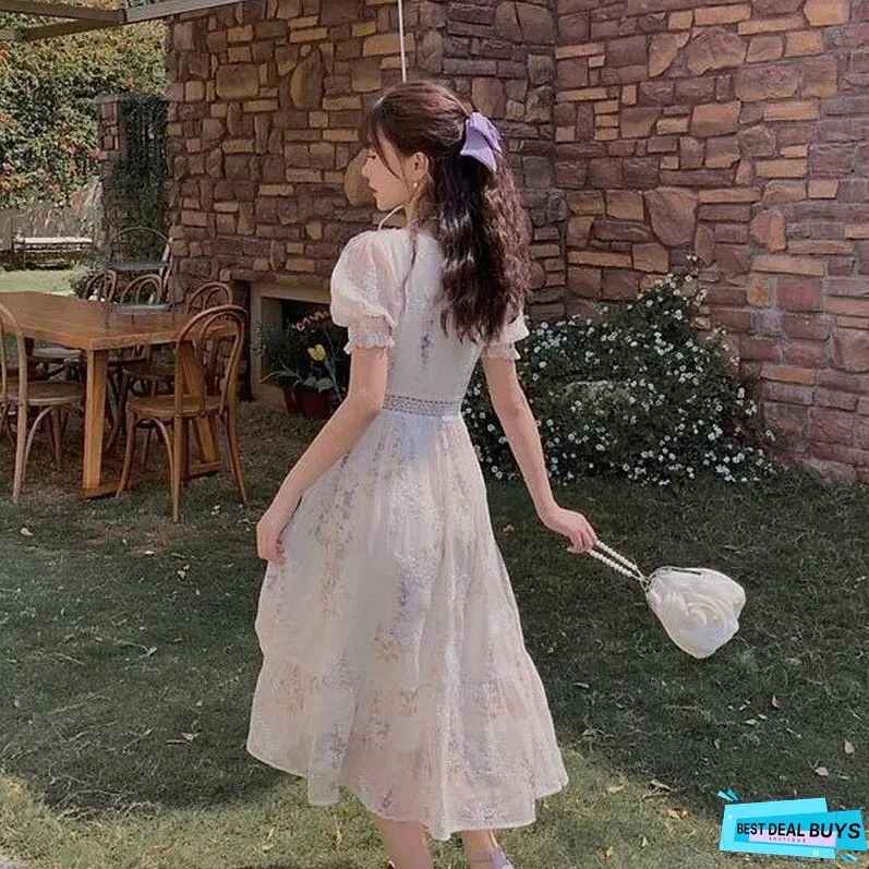 Back to College One Piece Dress Korean Lady Elegant Vintage Dress Women Casual Floral Design Sexy Midi Dresses Evening Lace-Up Summer Chic