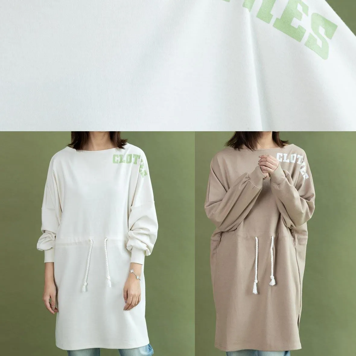 Vivid white Cotton tunic top drawstring side open baggy fall Dress