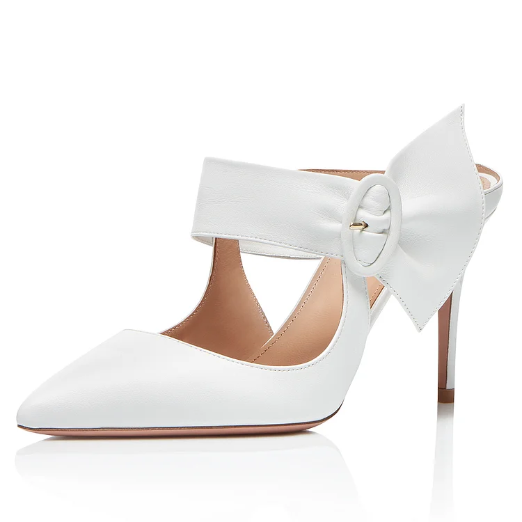 White Mule Heels Buckled Pointy Toe Stilettos Wedding Shoes |FSJ Shoes