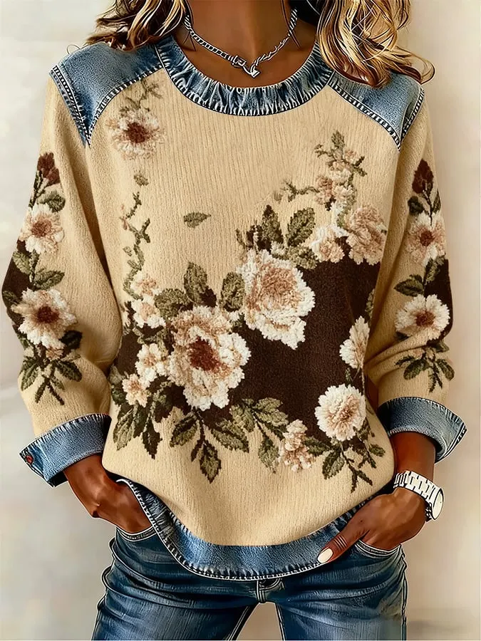 Women's winter retro brown floral print denim patchwork round neck top 