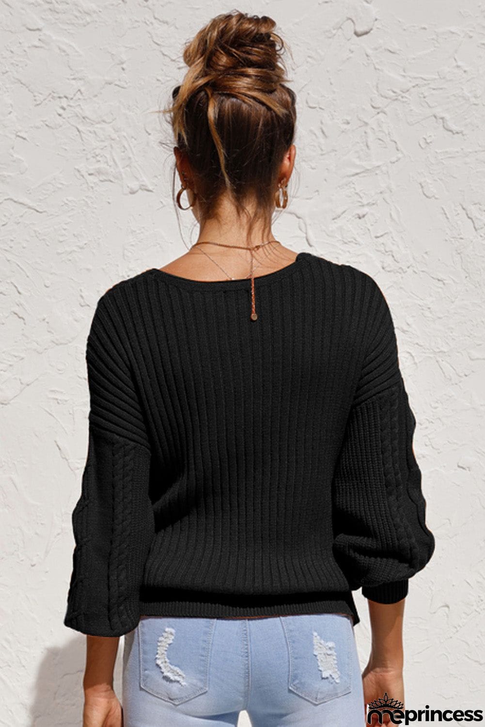 Beige Wrap V Neck Lantern Sleeve Textured Sweater