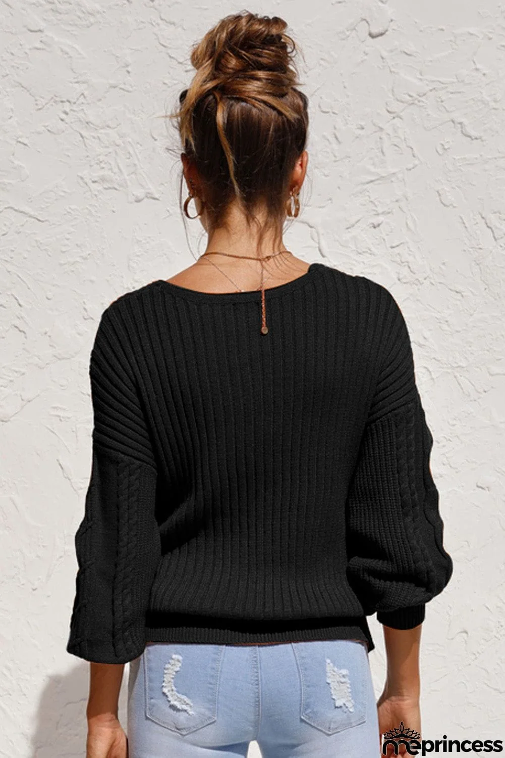 Beige Wrap V Neck Lantern Sleeve Textured Sweater