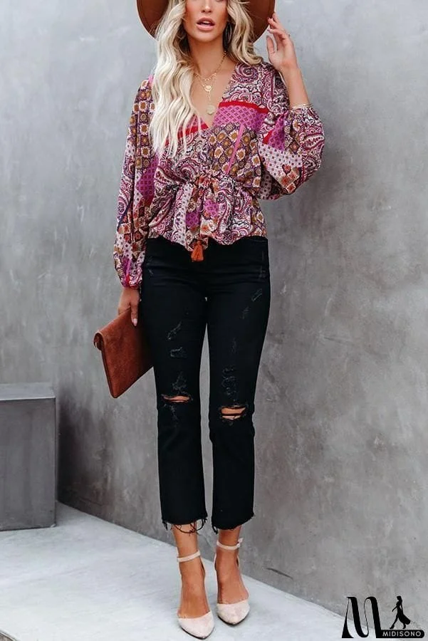 MidiSono - Patchwork Printed Drawstring Blouse