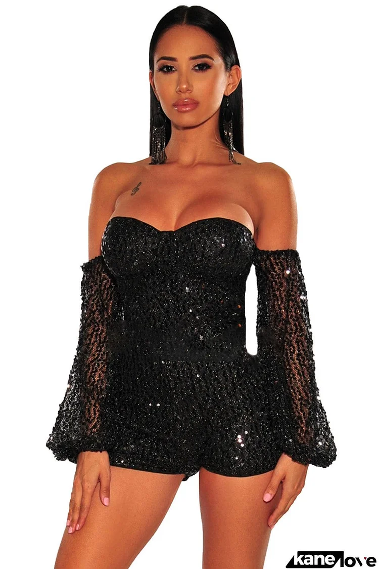 Sequins Off-The-Shoulder Long-Sleeve Padded Mini Romper