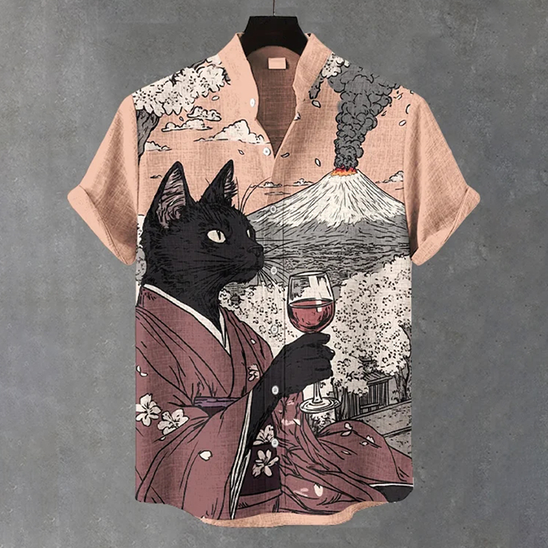 Men's Elegant Black Cat Drinking Red Wine Art Print Casual Shirt