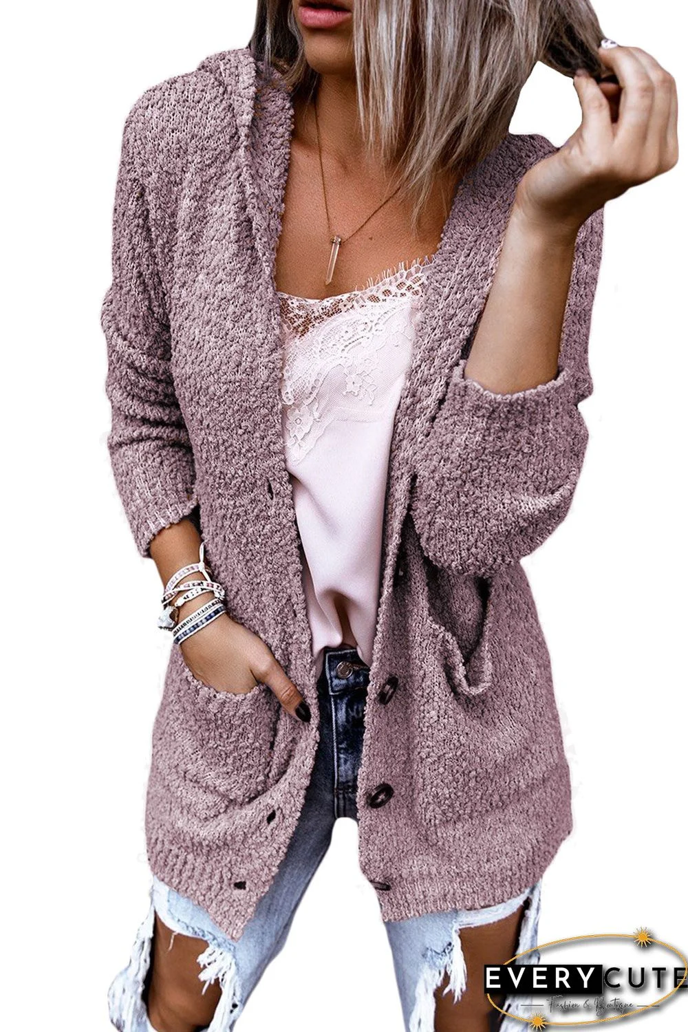 Fuzzy Popcorn Long Sleeve Knit Cardigan