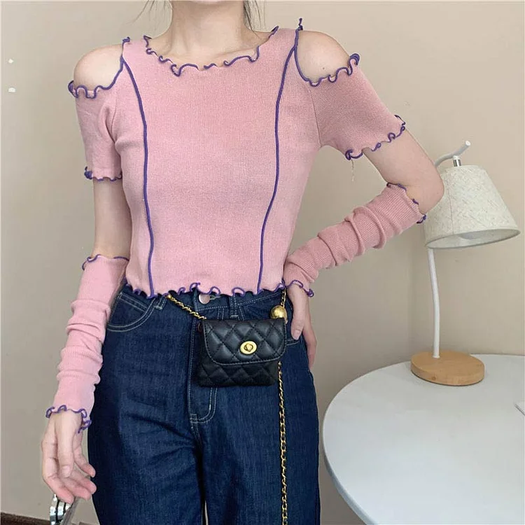 Lace High Waist Crop Top With Removable Sleeves - Modakawa Modakawa