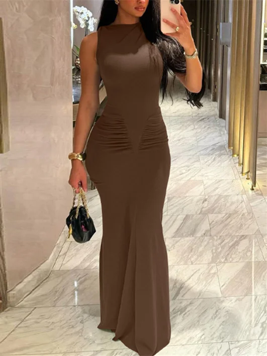 Pleated Solid Sleeveless Maxi Dress