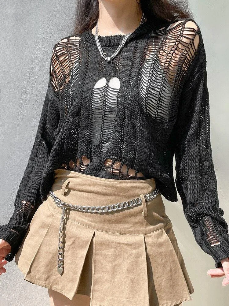 Brownm Distressed Knit Sweater