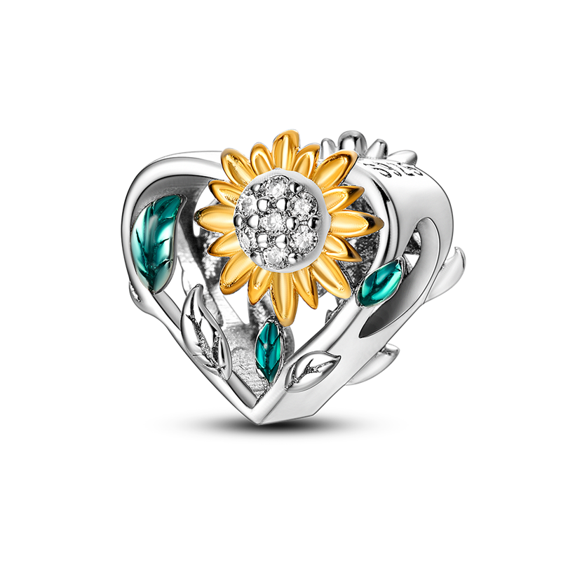 925 Silver Hollow Sunflower Peach Heart Clear CZ Beads fit Charm Bracelet & Necklaces DIY Jewelry KTC480