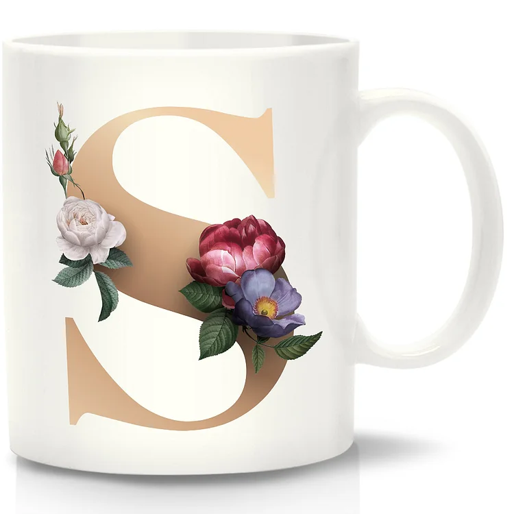 Ceramic Water Cup Handle Flower Letter Print Coffee Breakfast Milk Tea Mugs