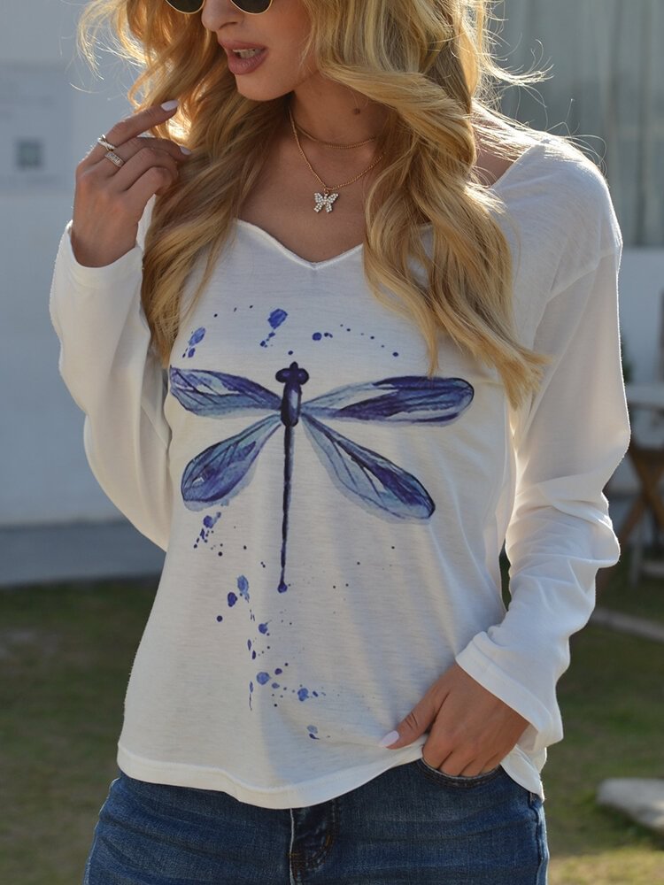 Dragonfly Printed Long Sleeve V neck T shirt For Women P1778367