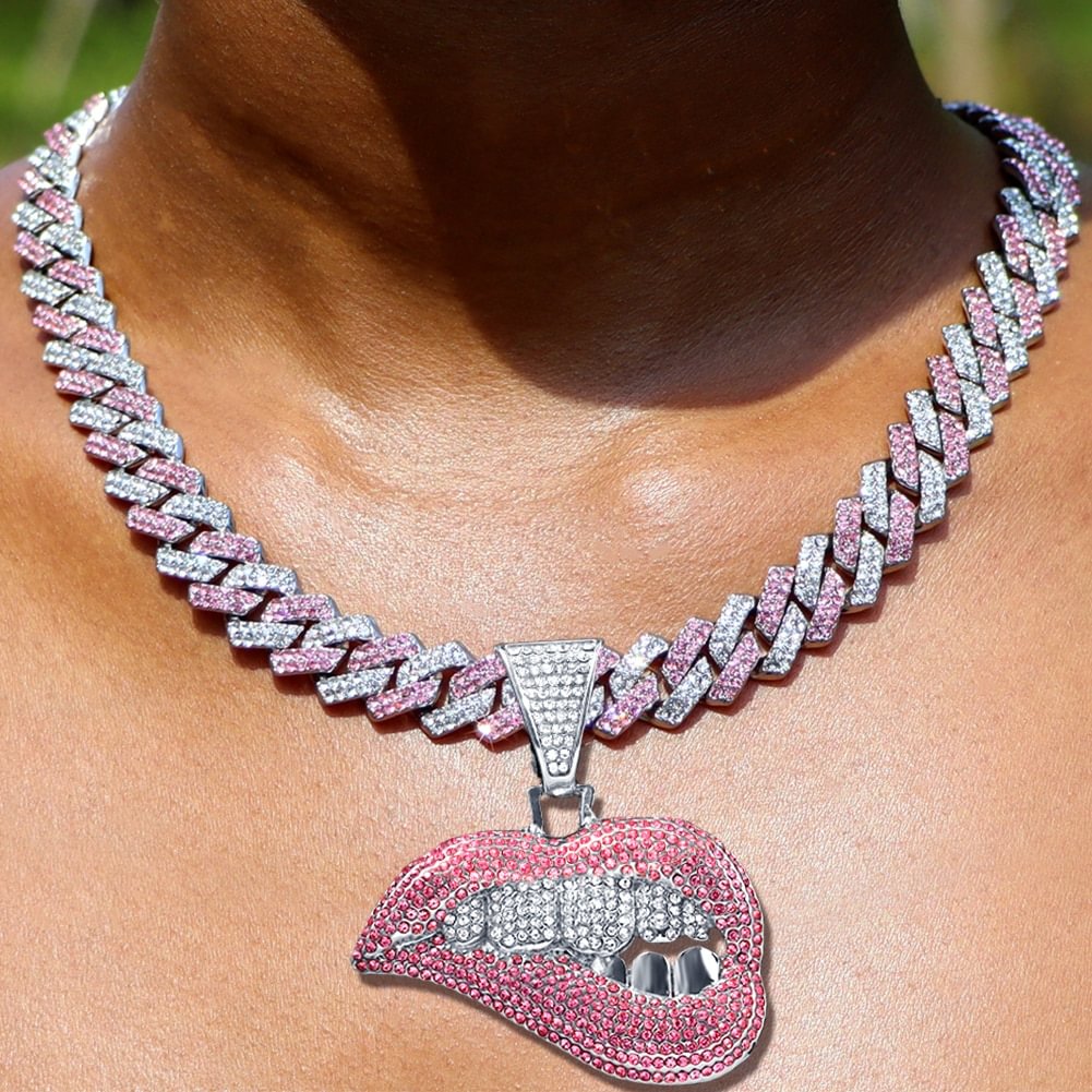 Iced Out Bite Lip Shape Pendant with Hip Hop Cuban Chain Necklace Jewelry-VESSFUL