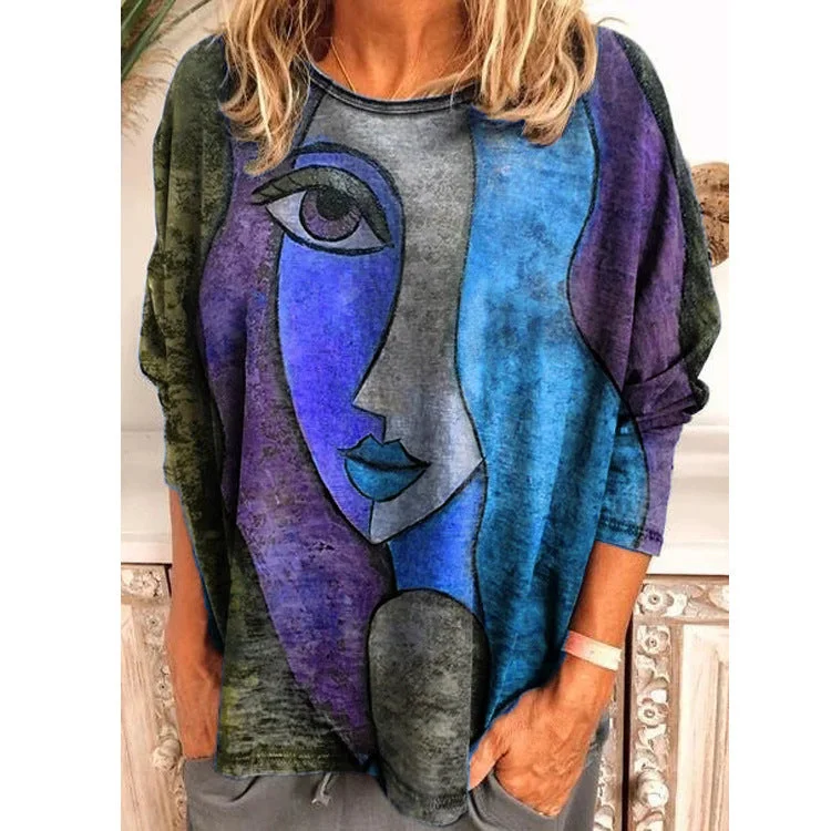 Uveng Size Women's Printing Print Long Sleeve Loose T-shirt