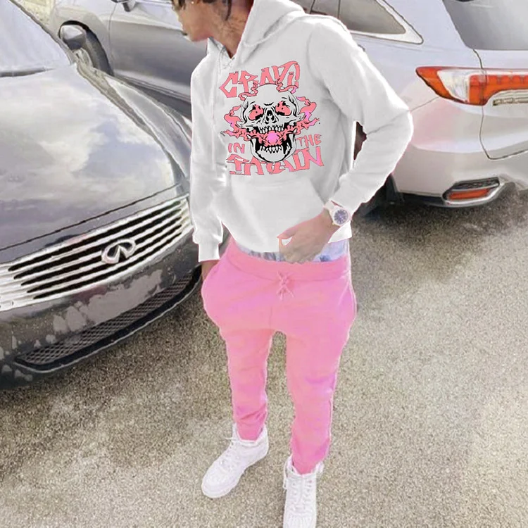 Skull Print Hoodie Sweatpants Contrast Color Two Piece Set