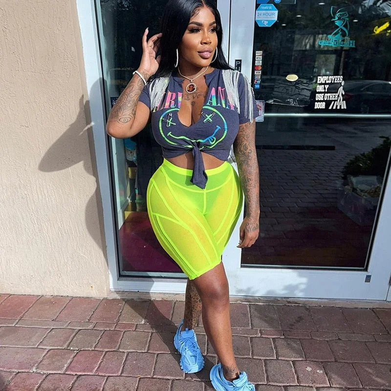 BIIKPIIK Mesh Transparent Casual Shorts Women Solid Stitching Stretch Mid Waist Trousers Female Biker Sportwear Bodycon Bottoms