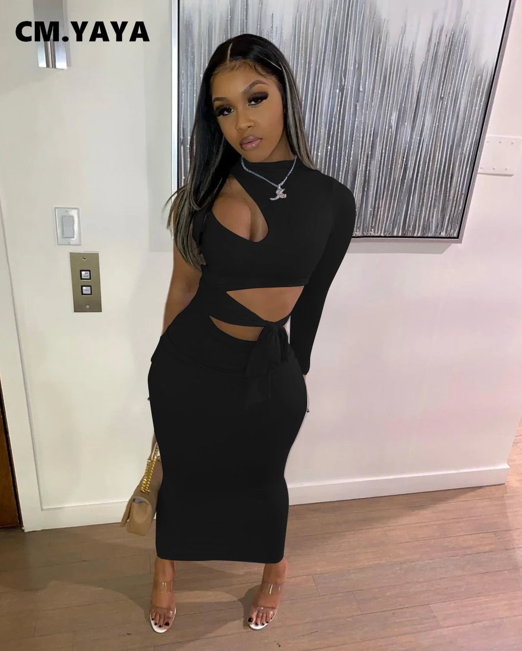CM.YAYA Women Cut Out Holo One Long Sleeve Bodycon Women Midi Maxi Dress Sexy Night Party Clubwear Long Pencil Dresses
