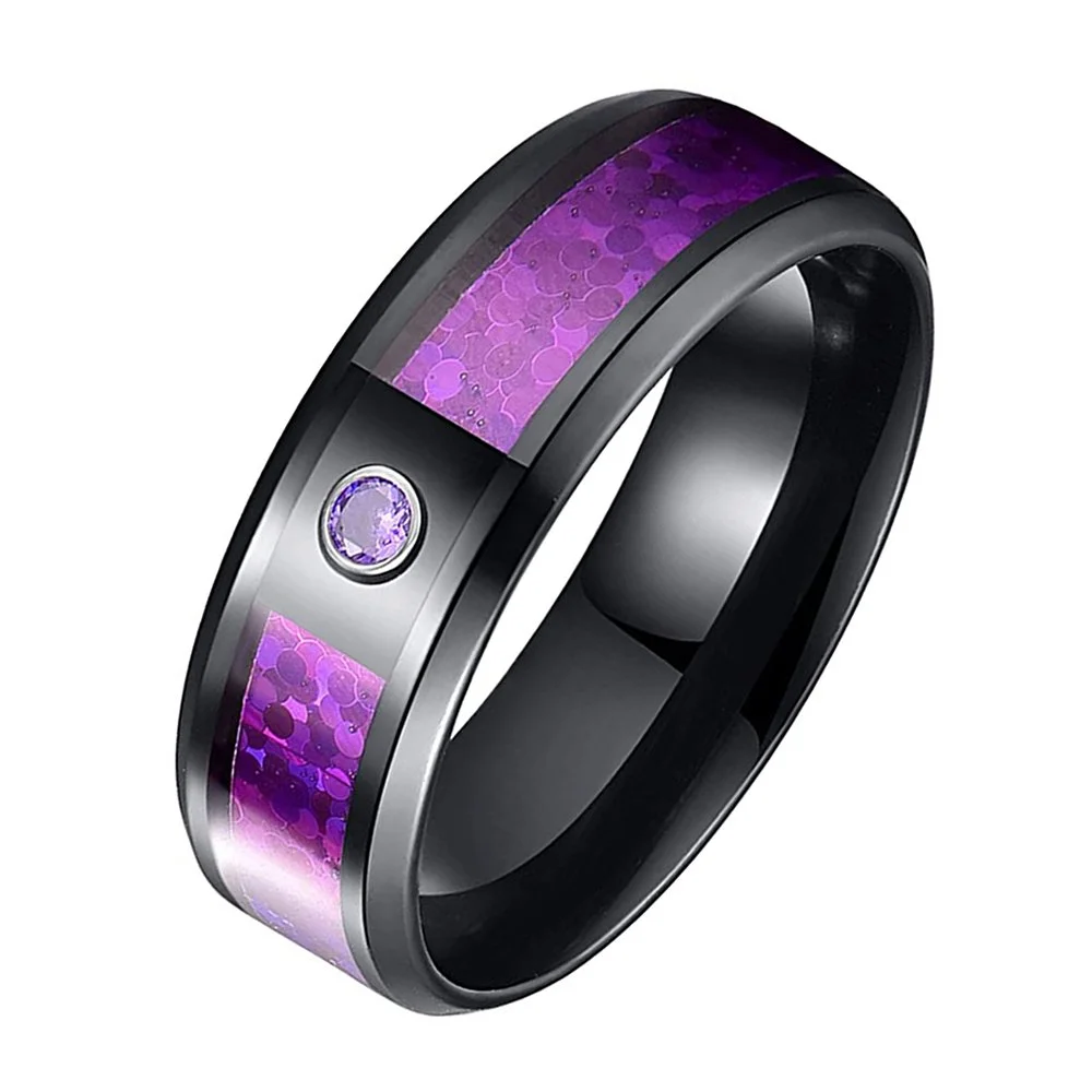 6MM 8MM Blue Purple Red Created Opal and Cubic Zirconia Inlay Black Tungsten Carbide Men's Wedding Bands