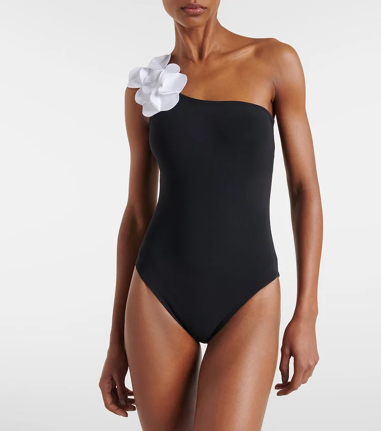 Oblique Shoulder 3D Flower Color Block One Piece Swimsuit And Skirt