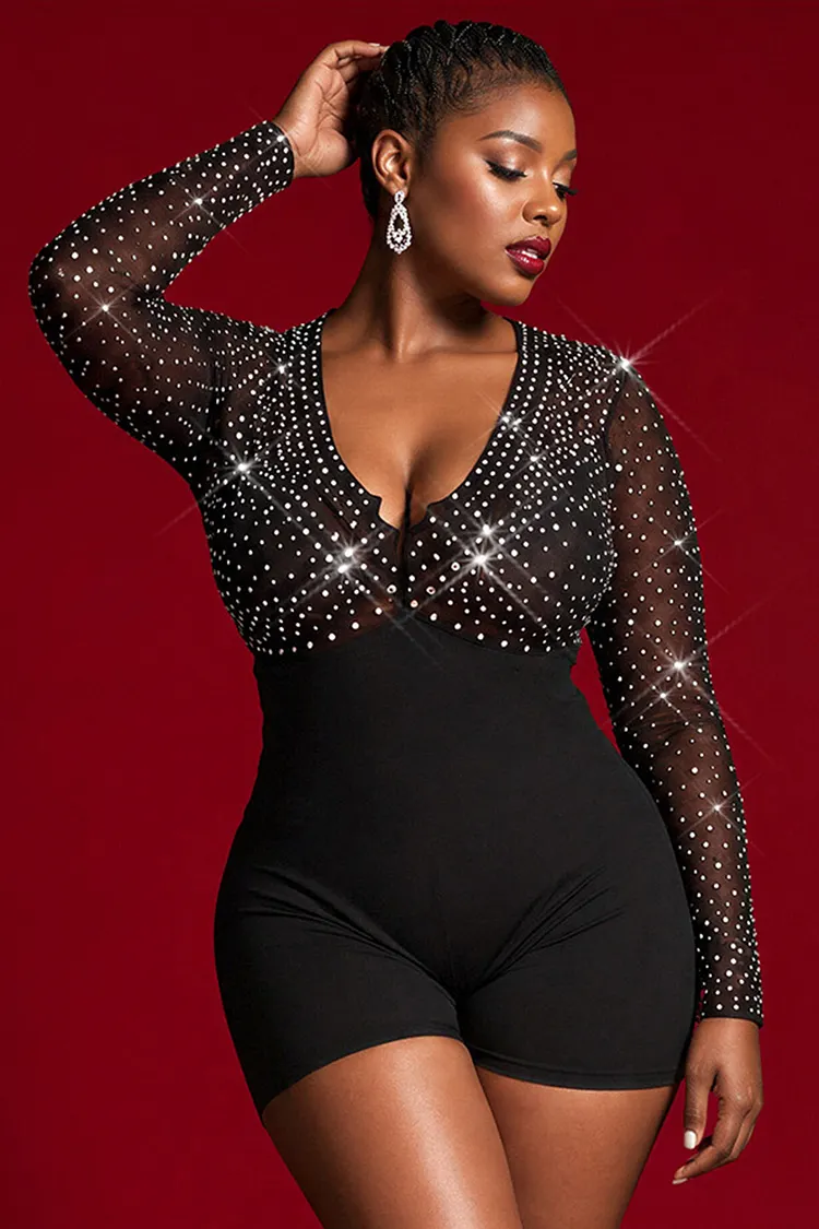 Xpluswear Design Plus Size Party Black V Neck Long Sleeve Drilling See Through Rompers [Pre-Order] 2024 - Xpluswear