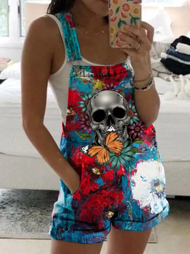 Punk skull \u0026 floral casual overalls 