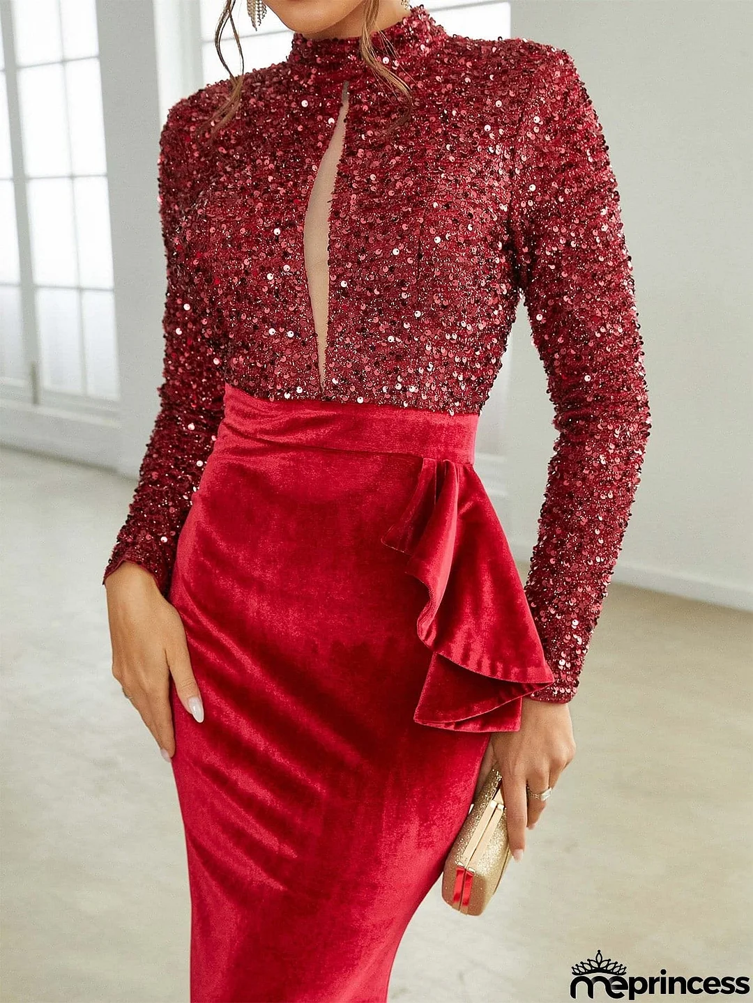 Stand Collar Velvet Panel Burgundy Formal Dress XJ2532